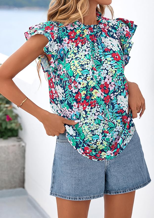 PRETTYGARDEN Women's Ruffle Short Sleeve Summer Tops 2026 Trendy Floral Trim Neck Casual Dressy Chiffon Boho Blouses Shirts