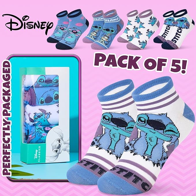 Disney Stitch Ankle Socks for Women, Teens US Size 4–9, Pack of 5 Casual Ladies Socks, Gifts for Her