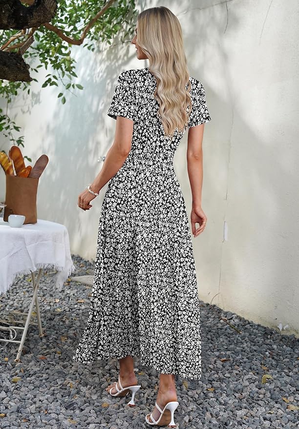 AUSELILY Maxi Dresses for Women Ankle Length Floral Print Beach Long Flowy Dress with Pockets