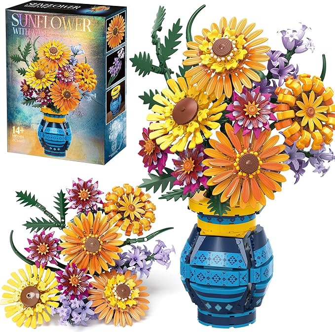 Sunflower Bouquet Building Blocks w/ Vase Set, 1065 PCS Botanical Collection Valentine Birthday Gifts for Adult Women Her Him Mom Teenage, Artificial Flower Home Decor Stocking Stuffers for Teen Girls