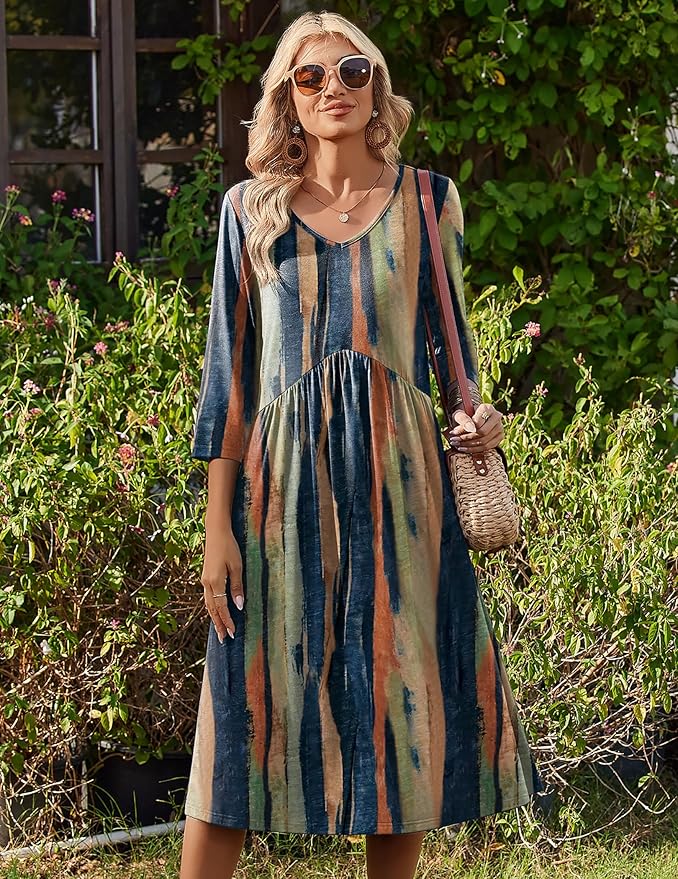 ZEAGOO 3/4 Sleeve Women's Dress Casual Flowy A-Line Midi Tshirt Dresses with Pocket Empire Waist Summer Boho Beach Sundress