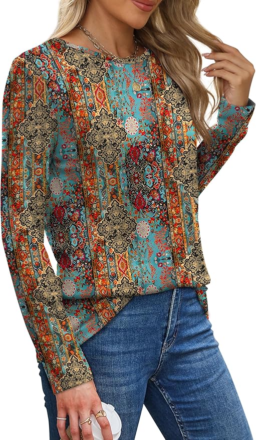 XIEERDUO Long Sleeve Shirts for Women Casual Crew Neck Basic Fall Tops Loose Fit Comfy
