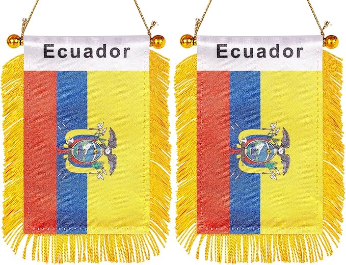 ZXvZYT 3 X 5 Inch Ecuador Window Hanging Flag Ecuadorian Small Mini Car Flags Banners Rearview Mirror Decoration - with Suction Cup & Golden Fringy Banner(2 Pack)