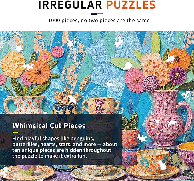 Naturelish Vibrant Teapot Ceramic Collage Jigsaw Puzzles for Adults 1000 Pieces, Irregularly Shaped Difficult Puzzles Perfect for Game Night, Great Gift Idea, Size 26.65 x 19.25 in