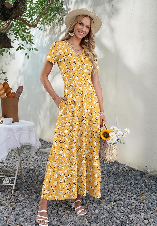 AUSELILY Maxi Dresses for Women Ankle Length Floral Print Beach Long Flowy Dress with Pockets