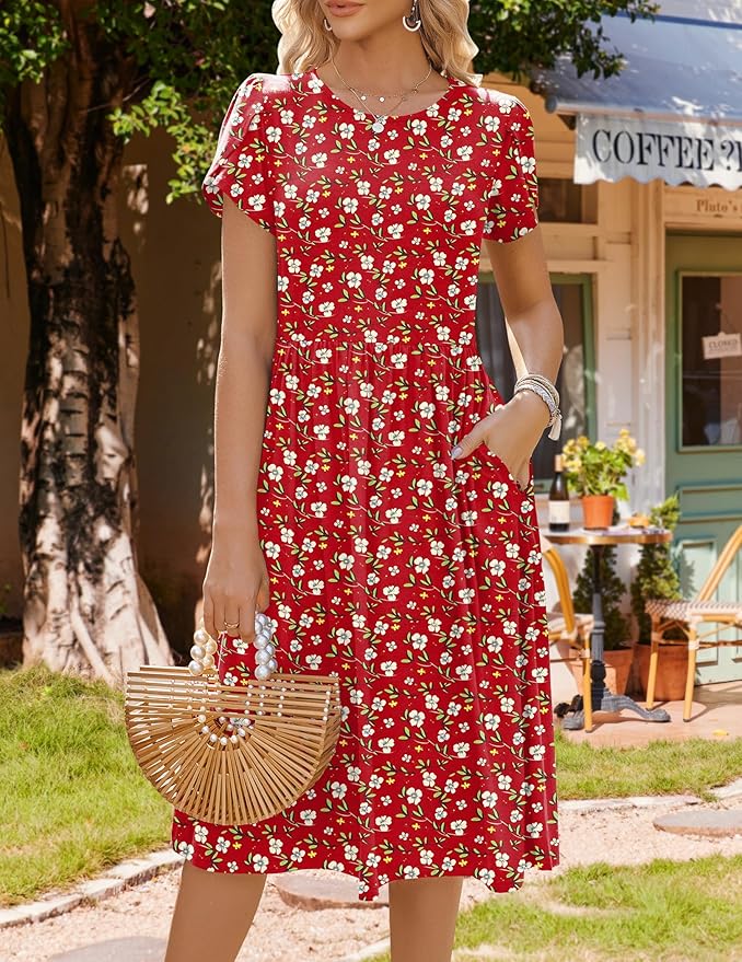 HOTOUCH Women's Summer A-Line Midi Dresses 2026 Casual Floral Short Sleeve T-Shirt Dress Flowy Beach Sundress with Pockets