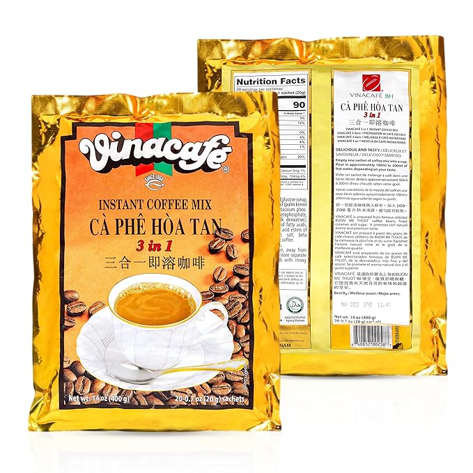 Vinacafe 400 Cts Vietnamese Instant Coffee Mix 3 in 1 Single Serves (Pack of 20 | 20 Sachets Per Bag) Balanced Medium Roast Coffee Mix for Quick Preparation at Home, Office or Travel, Single Serve Sachets