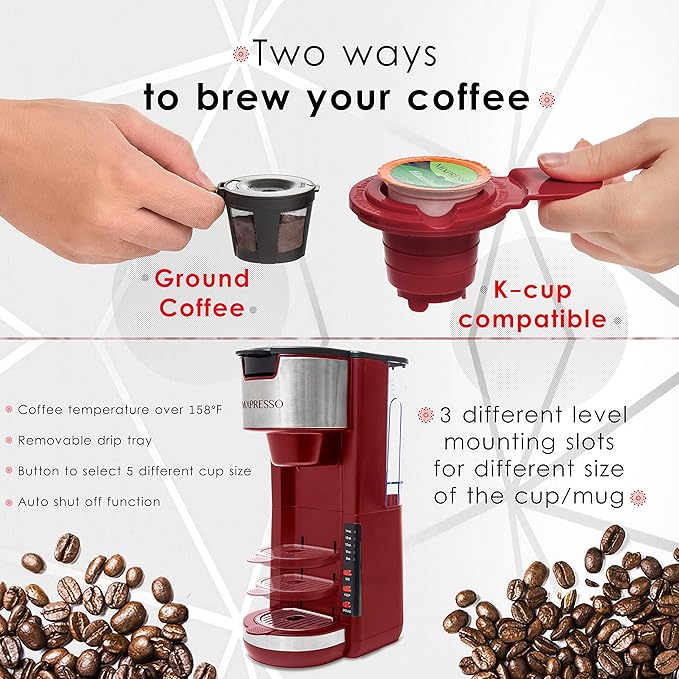 Mixpresso Red Single Serve Coffee Brewer K-Cup Pods Compatible & Ground, 30 oz Compact Coffee Maker Single Serve With 5 Brew Sizes Up To 14 Oz, Fits Travel Mug, Adjustable Drip Tray