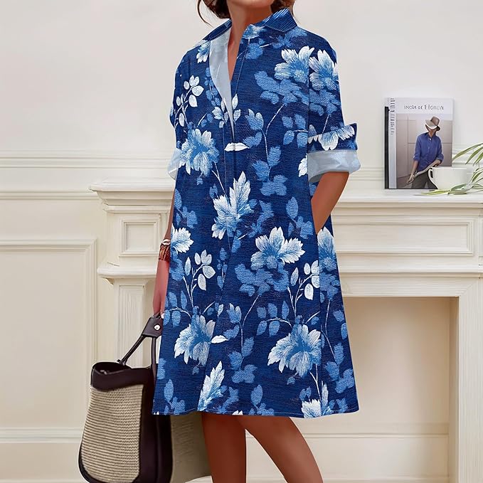 Shirt Dresses for Women 2025 Summer Long Sleeve Casual Plus Size Floral Printed Beach Vacation Dress with Pockets