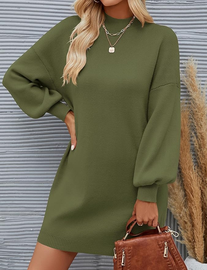 ZESICA Women's 2026 Fall Turtleneck Sweater Dress Oversized Long Lantern Sleeve Casual Knit Pullover Mini Dresses