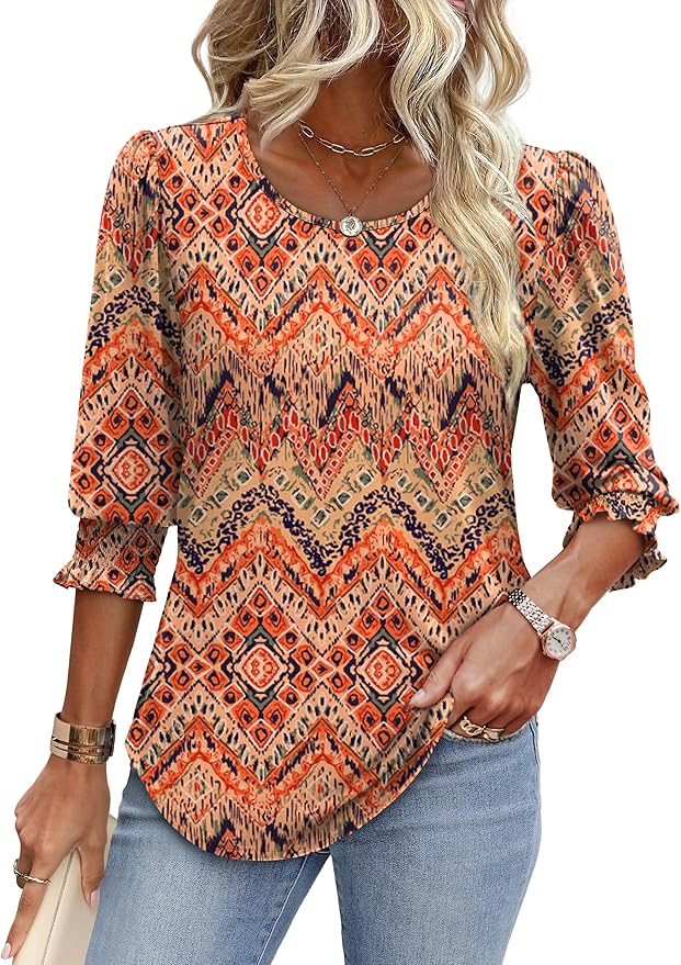 XIEERDUO Blouses for Women Dressy Casual 3/4 Length Sleeve Womens Tops with Smocked Cuffs
