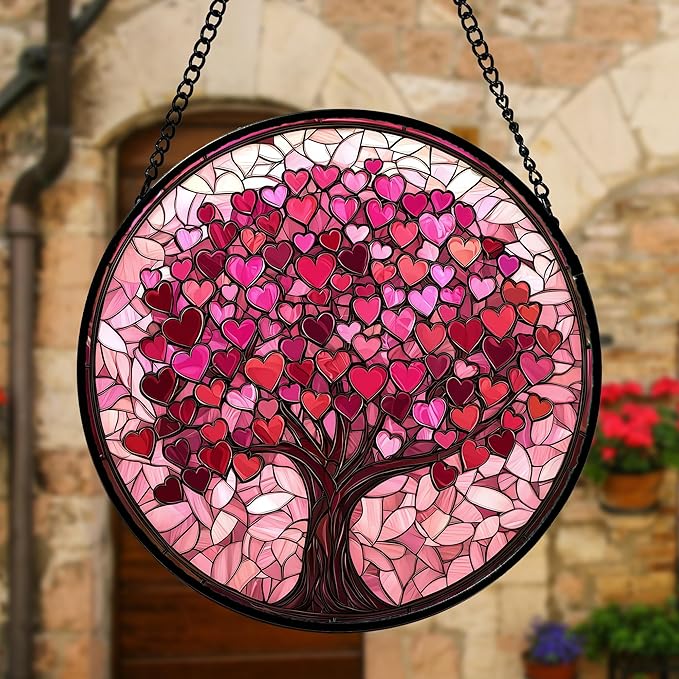 Stained Glass Window Hanging - DASTOLL, Birthday Gifts for Women Men Mom Dad, Pink Love Tree Suncatcher for Doors Window Home Sun Catchers Decor 6.3 in
