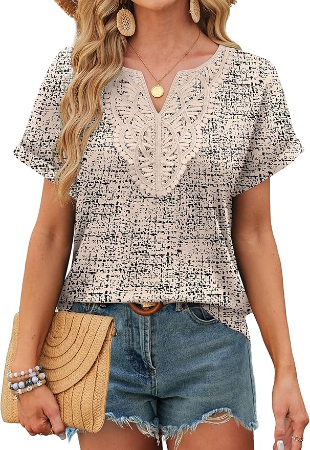 Sipaya Womens Blouses Dressy Casual Summer Shirts Short Sleeve Lace Front Boho Tunic Tops for Leggings Fashion Clothes