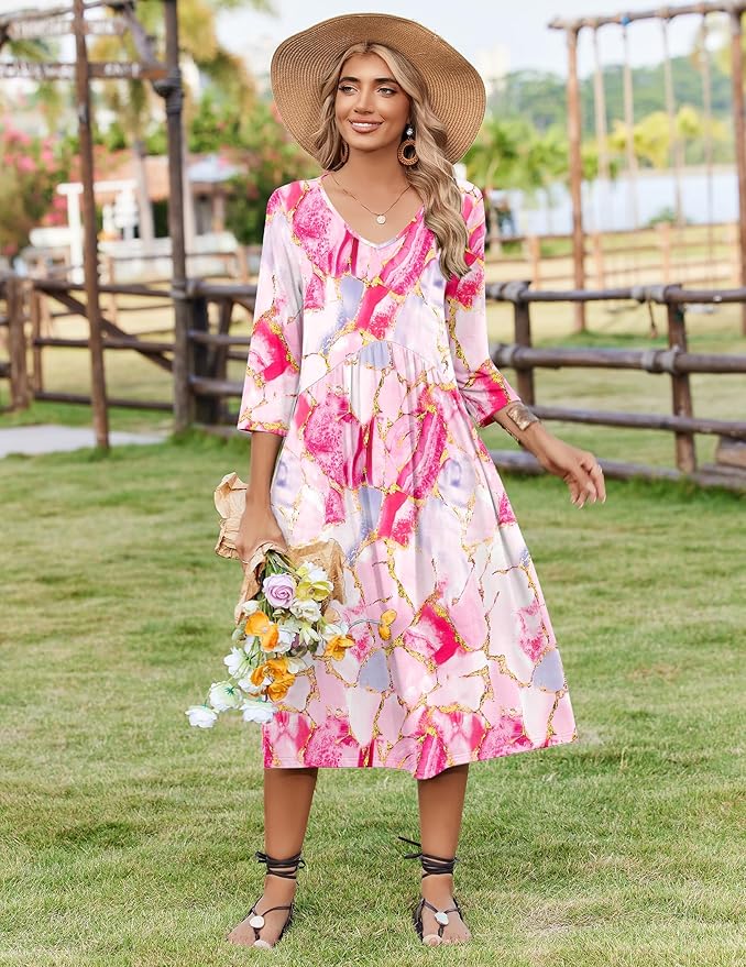 ZEAGOO 3/4 Sleeve Women's Dress Casual Flowy A-Line Midi Tshirt Dresses with Pocket Empire Waist Summer Boho Beach Sundress