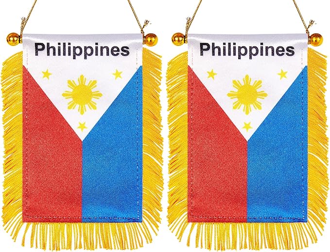 ZXvZYT 3 X 5 Inch Philippines Philippine Window Hanging Flag Filipino Small Mini Car Flags Banners Rearview Mirror Decoration - with Suction Cup & Golden Fringy Banner(2 Pack)