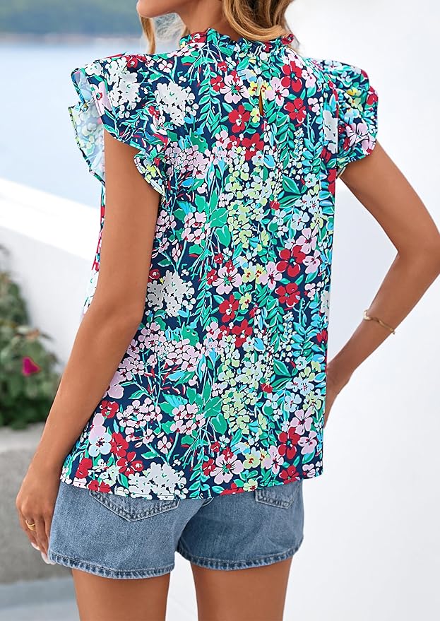 PRETTYGARDEN Women's Ruffle Short Sleeve Summer Tops 2026 Trendy Floral Trim Neck Casual Dressy Chiffon Boho Blouses Shirts