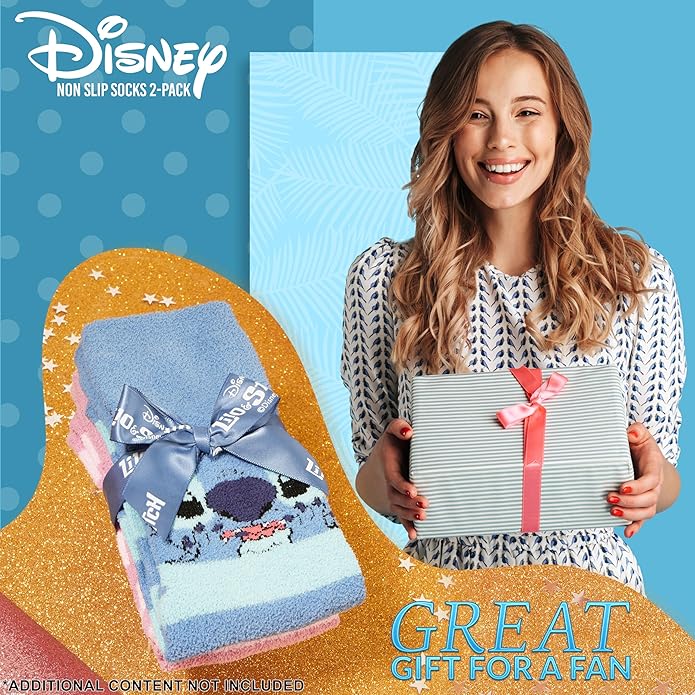 Disney Slippers Socks for Women & Teens US Size 4-9, Pack of 2 Non Slip Fleece Winter Socks, Soft & Fluffy, Gifts for Her