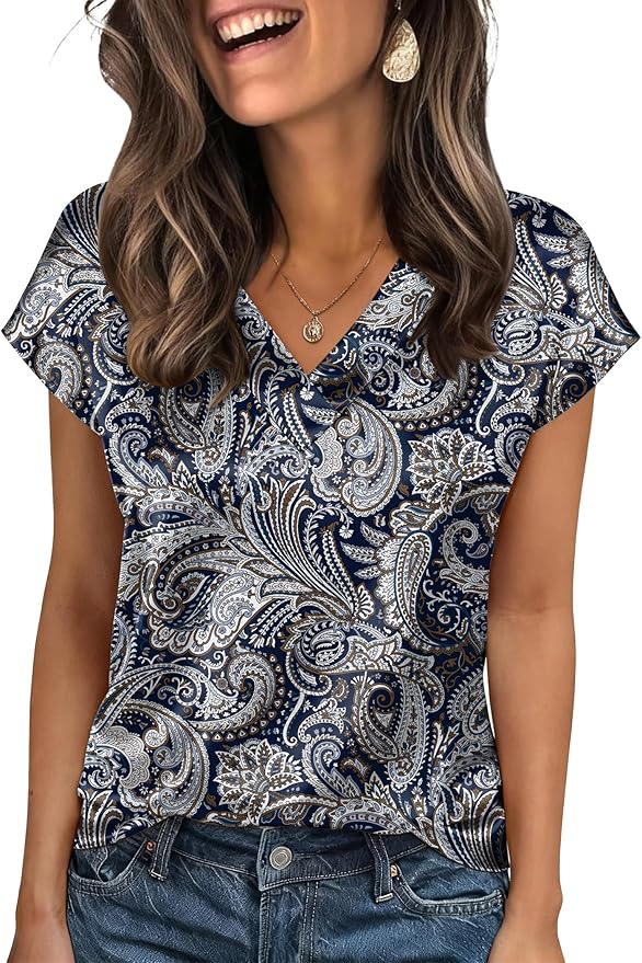 Zeagoo Women Silk Satin Tops Cap Short Sleeve Blouse V Neck Shirts Business Casual Outfits S-2XL