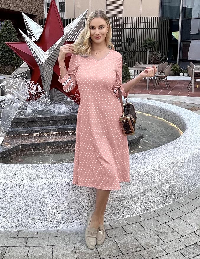 Zeagoo Women's Dresses 3/4 Sleeve Summer Casual V-Neck A Line Flowy Eyelet Midi Dress for Women Beach Vacation Sundress