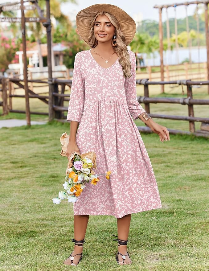 ZEAGOO 3/4 Sleeve Women's Dress Casual Flowy A-Line Midi Tshirt Dresses with Pocket Empire Waist Summer Boho Beach Sundress