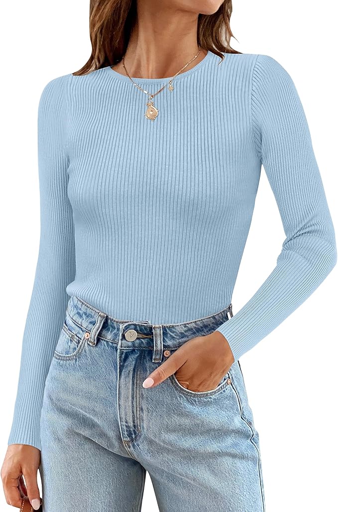 ZESICA Women's Long Sleeve Crewneck Shirts 2026 Fall Ribbed Knit Sweater Slim Fitted Casual Basic Tee Tops