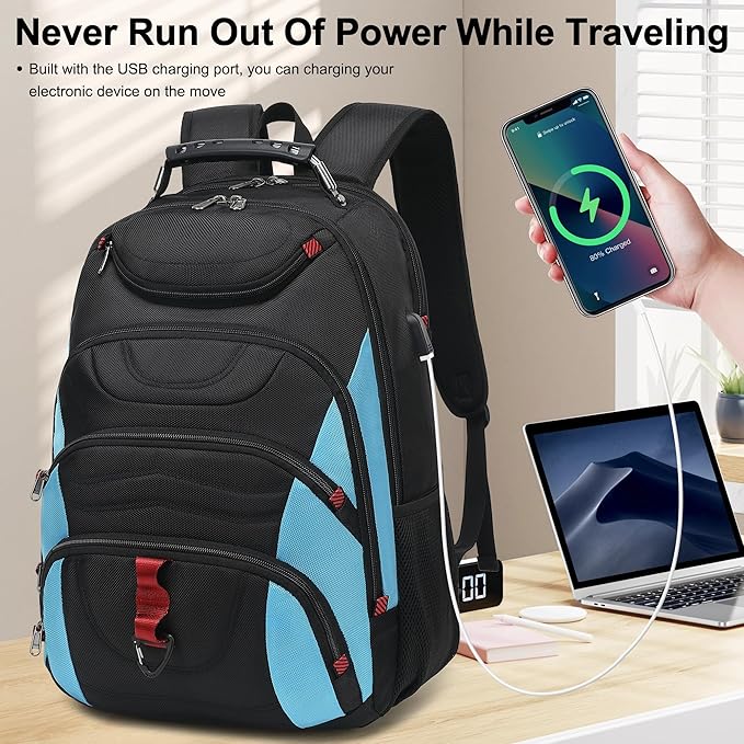 Boavan Laptop Backpack for men, 17.3 inch Laptop Bag with USB Port, Waterproof Travel Work Backpack Purse, Anti-Theft Teacher Nurse Doctor Casual Bookbags Office Business backpack，Black&Sky Blue
