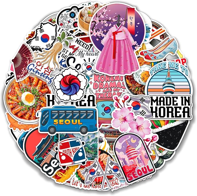 MONIZY Korea Travel Stickers 50 Pieces Vinyl Waterproof Decal for Laptop Water Bottle Phone Car Window Bike Motorcycle Stakeboard Scrapbook Korean Sticker Gifts