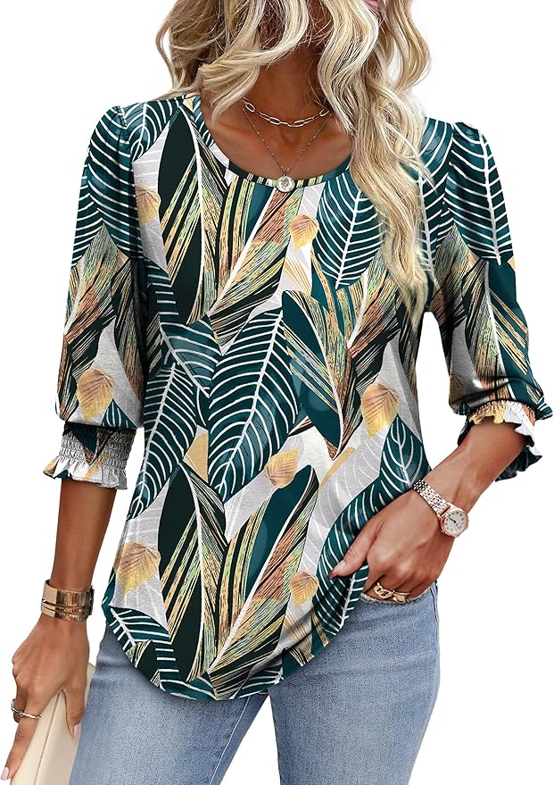 XIEERDUO Blouses for Women Dressy Casual 3/4 Length Sleeve Womens Tops with Smocked Cuffs