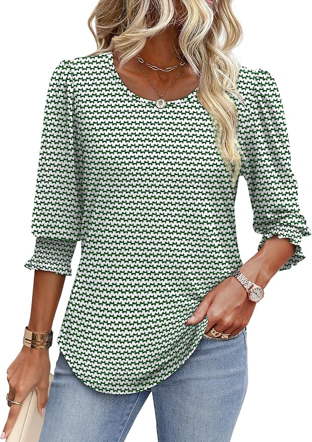 XIEERDUO Blouses for Women Dressy Casual 3/4 Length Sleeve Womens Tops with Smocked Cuffs