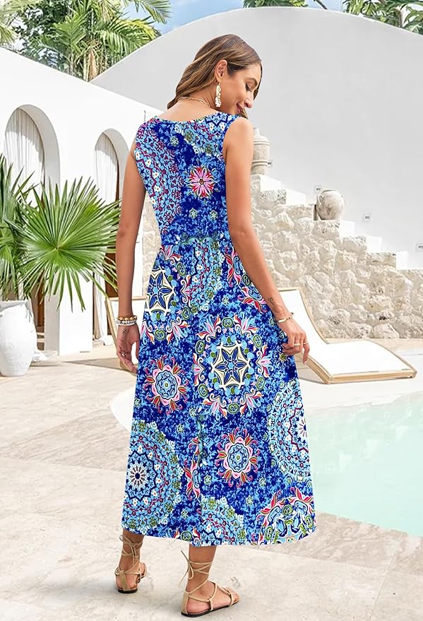 WNEEDU Women's Summer Maxi Dress 2026 Casual Sleeveless Hawaiian Sundress Tropical Long Dress Beach Vacation Outfit