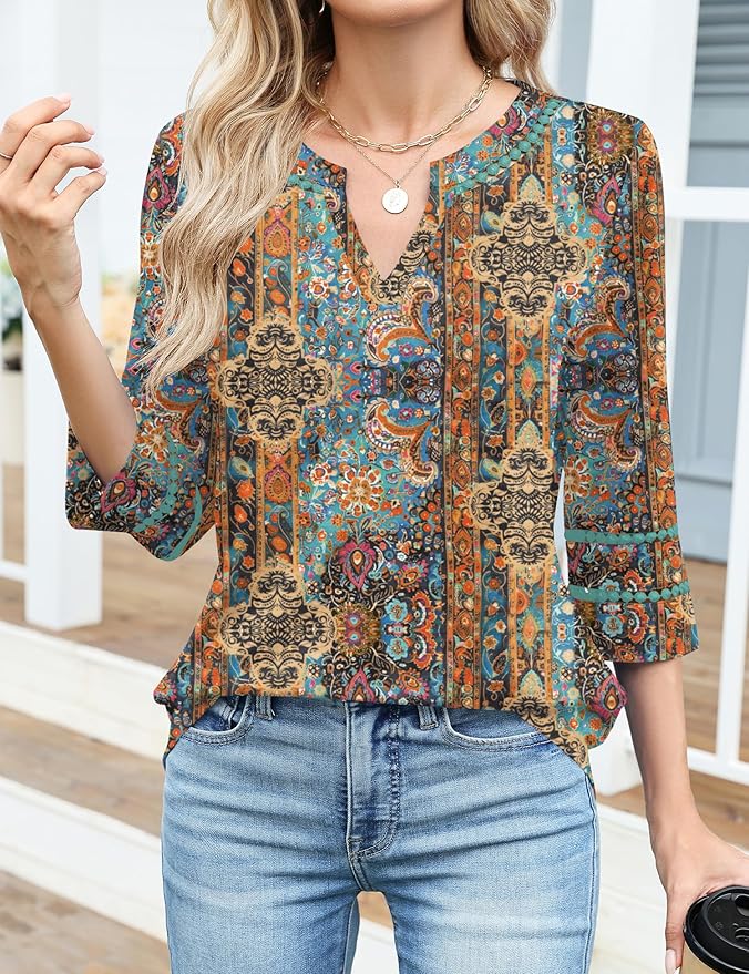 Ivicoer 3/4 Length Sleeve Womens Tops V Neck Lace Embroidered Summer Blouses Loose Fit Tunic Dressy Casual