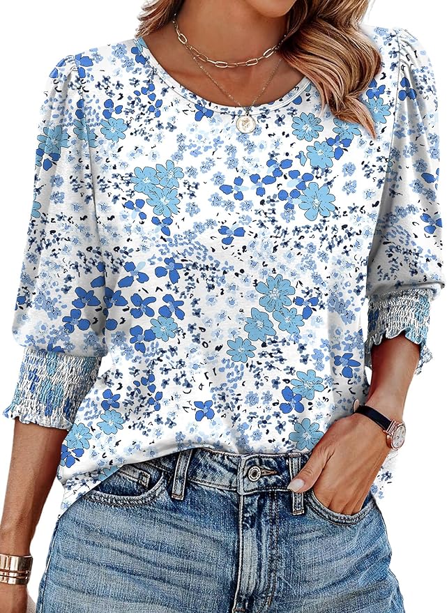 XIEERDUO Blouses for Women Dressy Casual 3/4 Length Sleeve Womens Tops with Smocked Cuffs