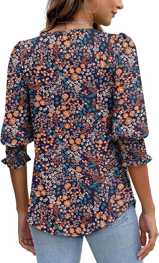 XIEERDUO Blouses for Women Dressy Casual 3/4 Length Sleeve Womens Tops with Smocked Cuffs