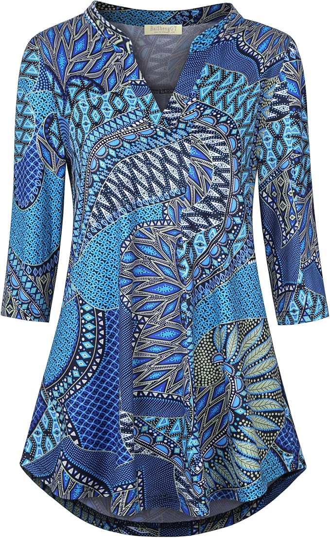 BAISHENGGT 3/4 Sleeve Tops for Women Notch V Neck Floral Work Blouses Dressy Casual Loose Fit Going Out Tunic Tops