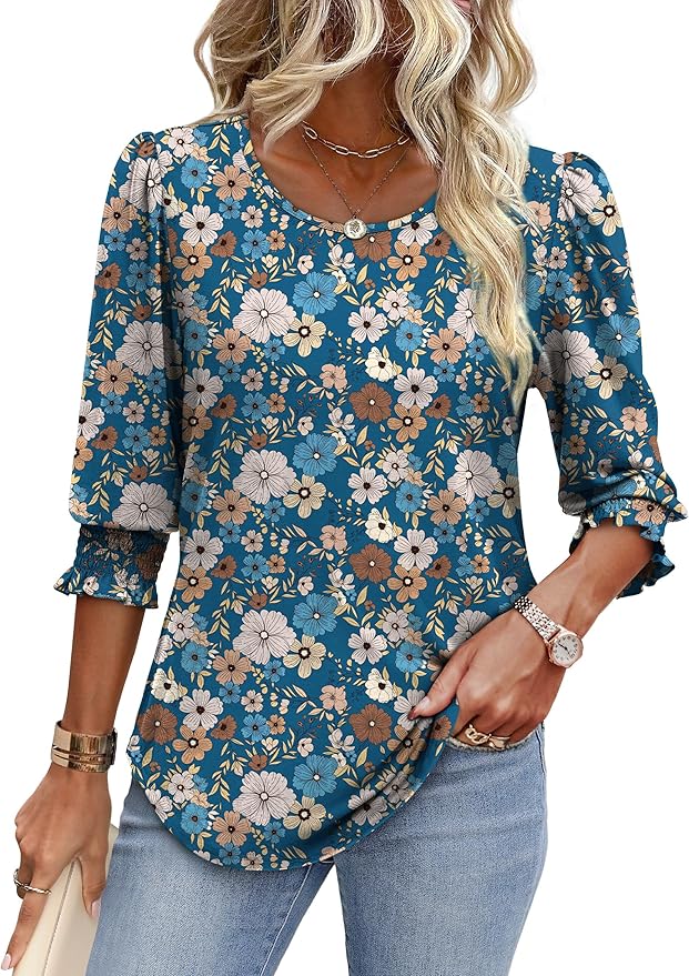 XIEERDUO Blouses for Women Dressy Casual 3/4 Length Sleeve Womens Tops with Smocked Cuffs