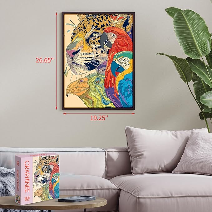 Graphinee Jigsaw Puzzles for Adults 1000 Pieces, Leopard & Parrot Puzzle, Colorful as Home Wall Decor for Family Challenging Games