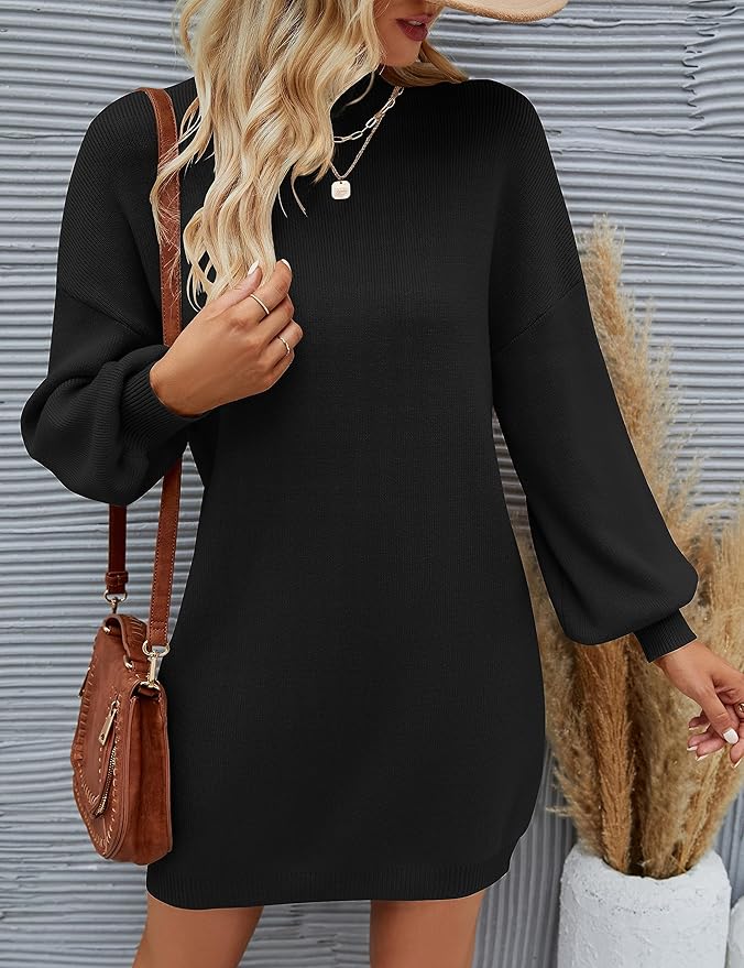ZESICA Women's 2026 Fall Turtleneck Sweater Dress Oversized Long Lantern Sleeve Casual Knit Pullover Mini Dresses