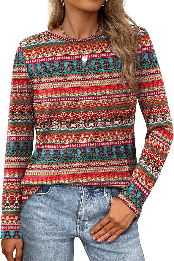 XIEERDUO Long Sleeve Shirts for Women Casual Crew Neck Basic Fall Tops Loose Fit Comfy