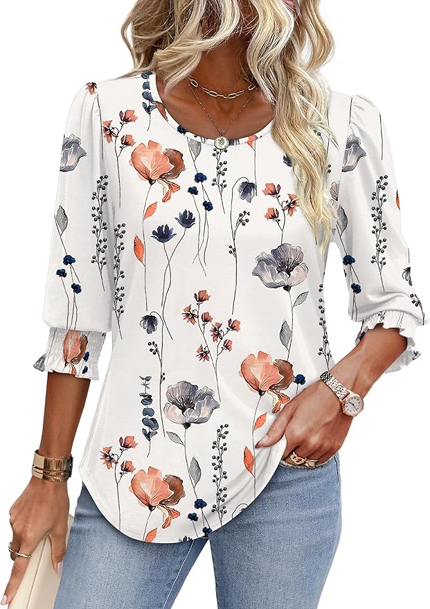 XIEERDUO Blouses for Women Dressy Casual 3/4 Length Sleeve Womens Tops with Smocked Cuffs