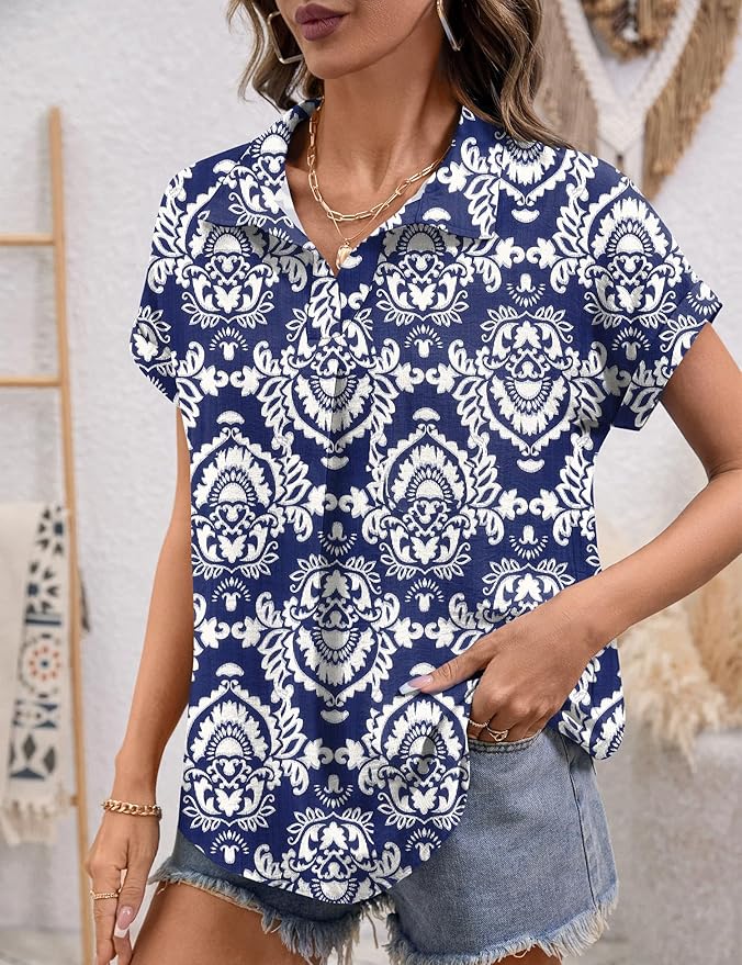 LOMON Women Blouses Spring Summer Tops for Women 2026 Short Sleeve V Neck Dressy Casual Collared Shirts Work Office