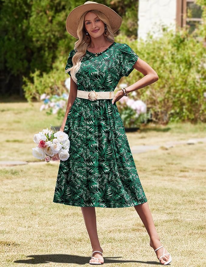 HOTOUCH Women's Summer A-Line Midi Dresses 2026 Casual Floral Short Sleeve T-Shirt Dress Flowy Beach Sundress with Pockets