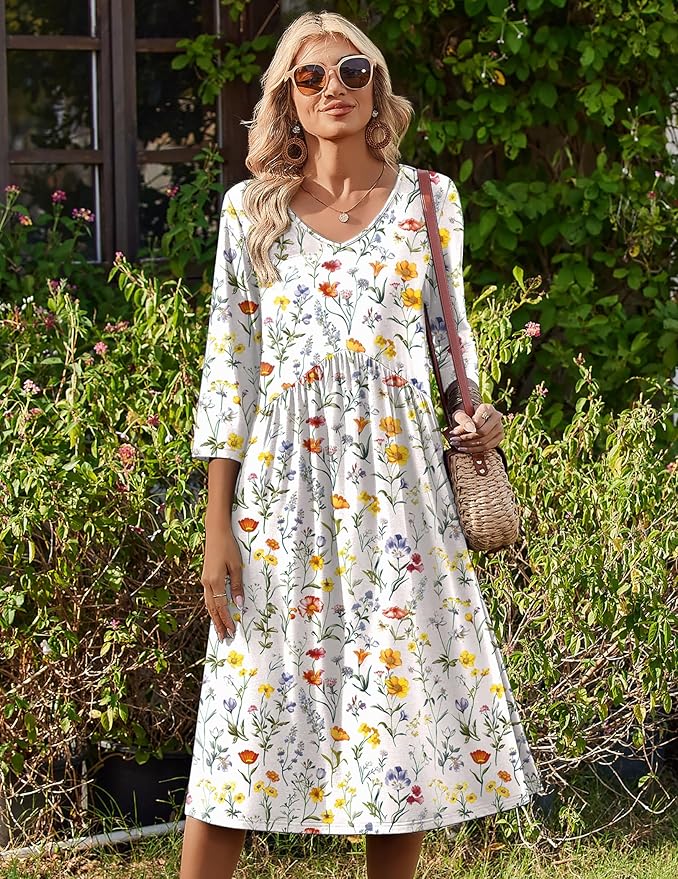 ZEAGOO 3/4 Sleeve Women's Dress Casual Flowy A-Line Midi Tshirt Dresses with Pocket Empire Waist Summer Boho Beach Sundress