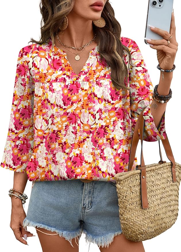 Rapbin Womens 3/4 Sleeve V Neck Floral Print Pleated Blouses for Women Dressy Casual Loose Fit Tops