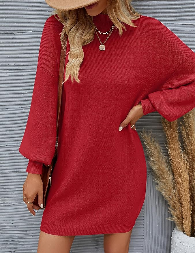 ZESICA Women's 2026 Fall Turtleneck Sweater Dress Oversized Long Lantern Sleeve Casual Knit Pullover Mini Dresses