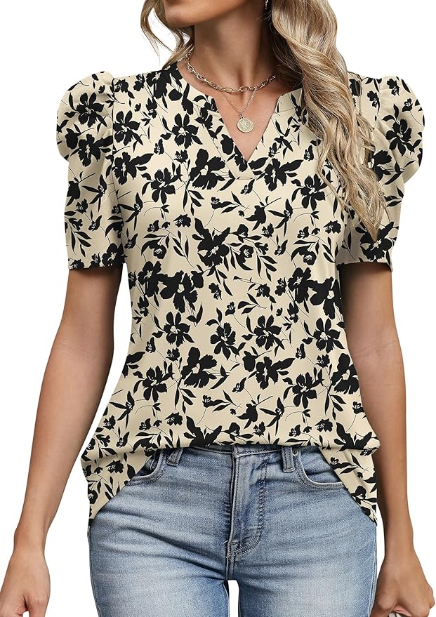 Lomon Spring Summer Tops for Women 2026 V Neck Puff Short Sleeve Tops Fashion Trendy Work Blouses Dressy Casual S-XXL