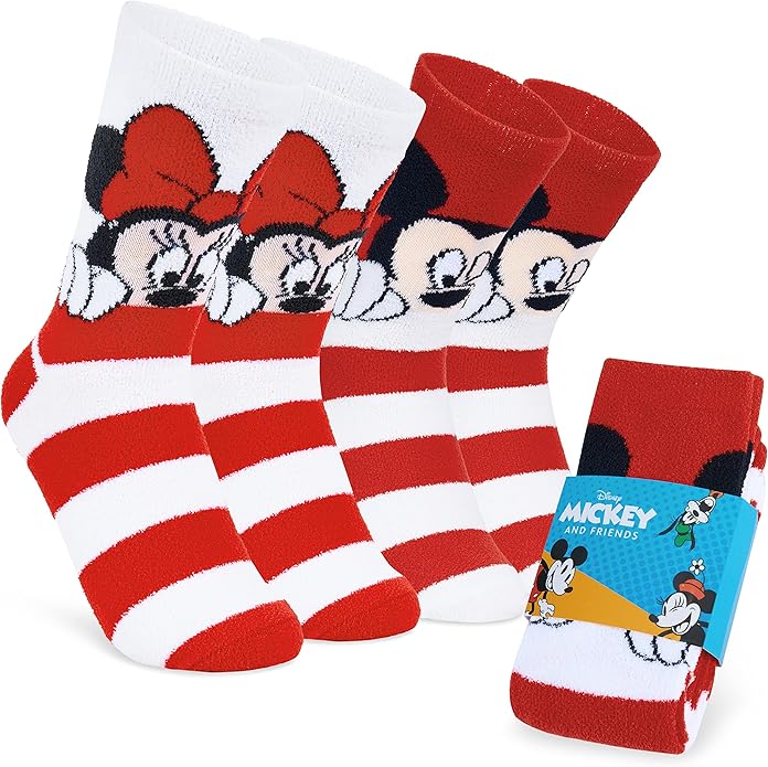 Disney Slippers Socks for Women & Teens US Size 4-9, Pack of 2 Non Slip Fleece Winter Socks, Soft & Fluffy, Gifts for Her