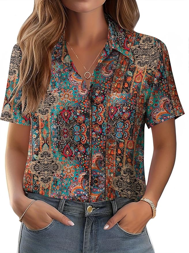 Zeagoo Womens Button Down Shirt Bust Pocket Short Sleeve Blouses Business Casual Work Tops Summer Outfits