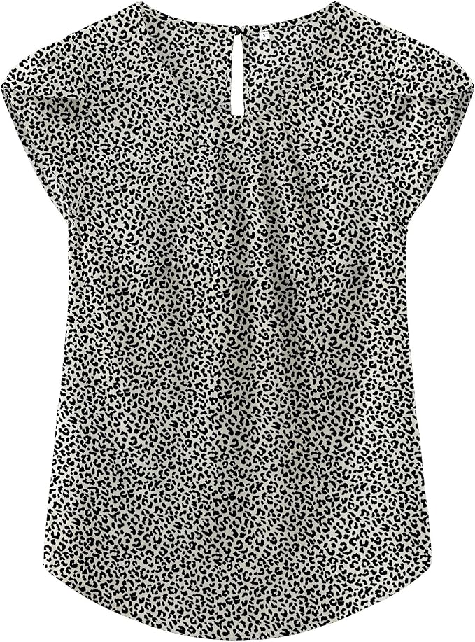 TASAMO Women's Casual Round Neck Basic Pleated Top Cap Sleeve Curved Keyhole Back Chiffon Blouse