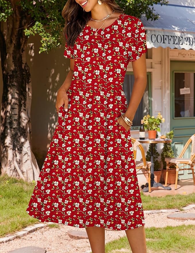 HOTOUCH Women's Summer A-Line Midi Dresses 2026 Casual Floral Short Sleeve T-Shirt Dress Flowy Beach Sundress with Pockets
