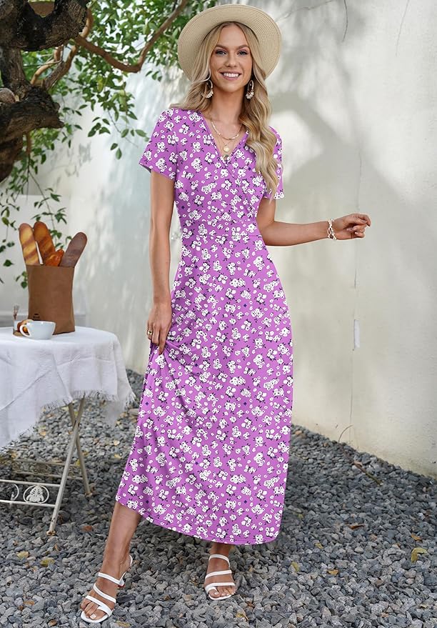 AUSELILY Maxi Dresses for Women Ankle Length Floral Print Beach Long Flowy Dress with Pockets